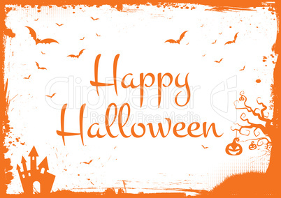 Happy Halloween glitter orange text with bats, pumpkin, house bo