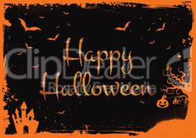 Happy Halloween glitter orange text with bats, pumpkin, house bo