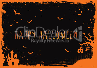 Happy Halloween banner, glitter orange text,  bats, pumpkin, hou