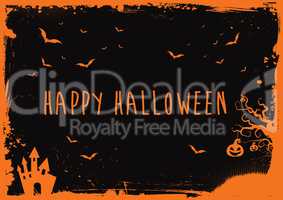 Happy Halloween banner, orange text,  bats, pumpkin, house borde