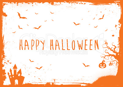 Happy Halloween banner, orange text,  bats, pumpkin, house borde