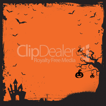 Square Halloween banner template with pumpkin, scary house, flyi