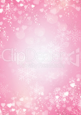 Gradient pink background with Snow, snowflake and hearts border