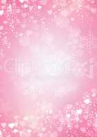 Gradient pink background with Snow, snowflake and hearts border