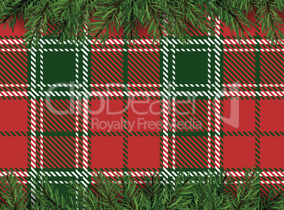Red, green checkered pattern background with Christmas tree deco