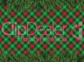 Red, green checkered pattern background with Christmas tree deco