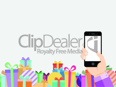 Online mobile shop business template background with gift box fo