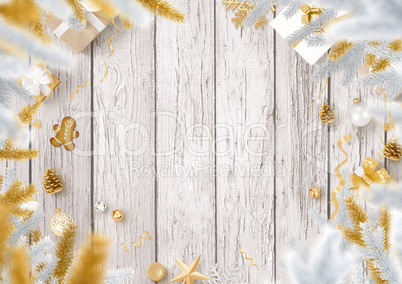 Christmas decoration border and wooden table background