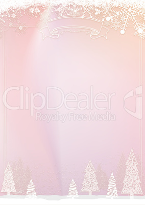 Christmas pastel pink background with snowflake and xmas ball bo
