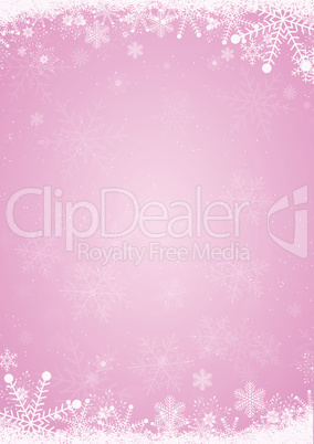 Winter pink christmas background with the snow and snowflake bor