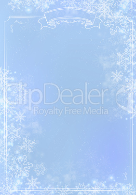 Blue gradient winter paper background with snowflake border