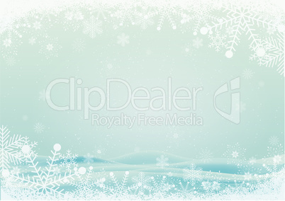Snowflake border with snow hills background
