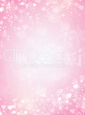 Gradient pink background with snow, snowflake and hearts border