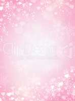 Gradient pink background with snow, snowflake and hearts border