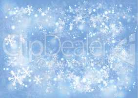 Blue gradient winter paper background with the snow and snowflak
