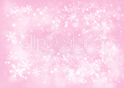 Pink gradient winter paper background with the snow and snowflak