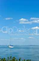a lone yacht on the horizon, the yacht with masts lonely swims
