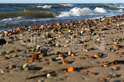 sea stones in the sand, the sea coast with stones and sand