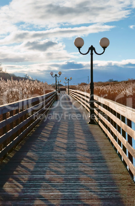 wooden boardwalk through the reeds in the sunlight, a wooden plank promenade with lampposts