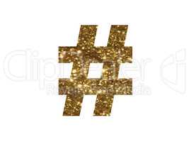 Golden glitter of isolated hand writing word HASHTAG symbol