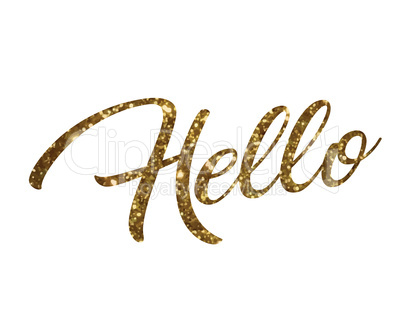 Golden glitter of isolated hand writing word HELLO