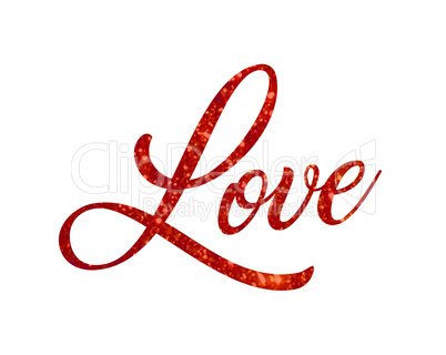 Red glitter of isolated hand writing word LOVE