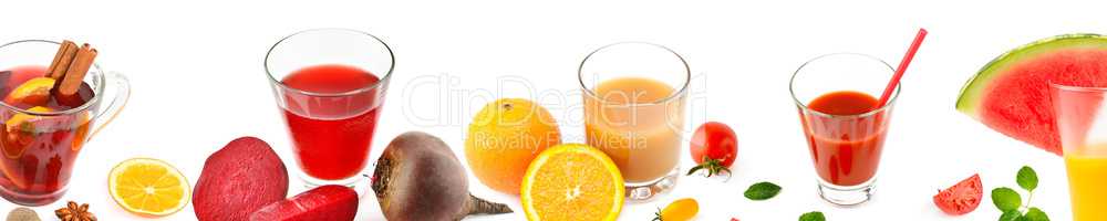 Vegetables and fruit juices isolated on white background. Panora