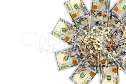 Gold jewelry and dollars isolated on white background. Flat lay,