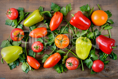 Vegetables on old wooden table. Flat lay, top view.