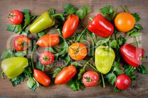 Vegetables on old wooden table. Flat lay, top view.