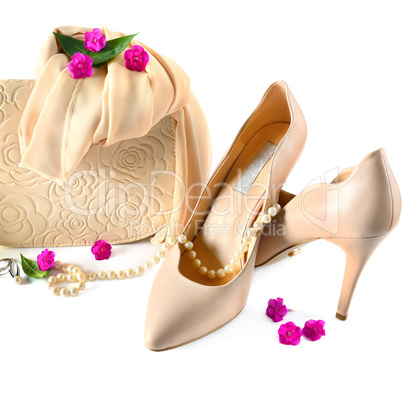 Ladies bag, shoes and jewelry isolated on white background.