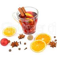 Hot red mulled wine isolated on white background with spices, or