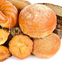 Cereal bread, croissants and sweet pastries isolated on white ba