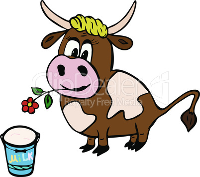 small brown bull-calf with yellow hair and a red flower in his mouth, next to a bucket of milk