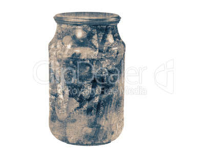 Canned mushrooms in glass jar and landscape , double exposure effect.
