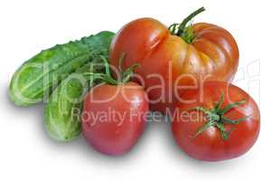 Three ripe tomatoes and cucumbers on white background