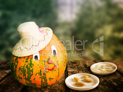 Seeds and fruits of a pumpkin on blurred background of the greenhouse.