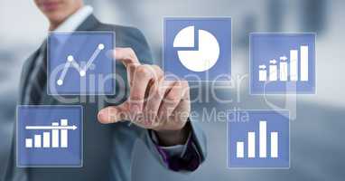Hand touching business chart statistic icons