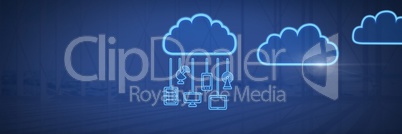 cloud icons and hanging connection devices with blue background