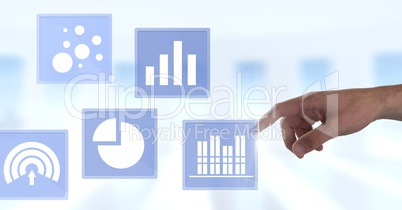Hand touching business chart statistic icons