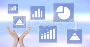 Hands reaching for business chart statistic icons