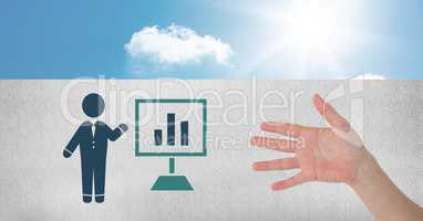 Hand open with business person presentation chart screen icon