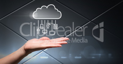 Hand with cloud icon and hanging connection devices and grey tech background