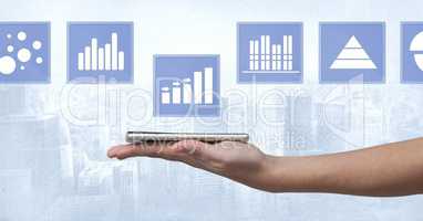 Hand holding tablet and business chart statistic icons