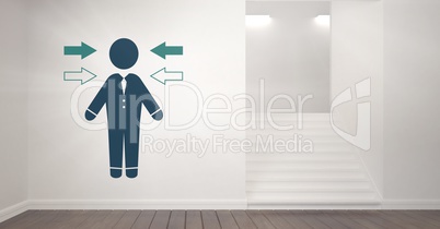 businessman with arrows icon on wall by stairs