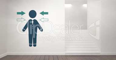 businessman with arrows icon on wall by stairs