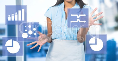Woman touching business chart statistic icons