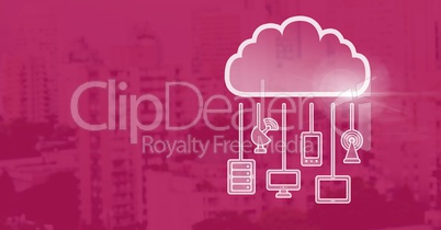 cloud icon and hanging connection devices and magenta background