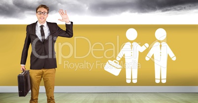 Businessman waving with briefcase and meeting icon on wall