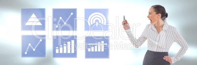 Businesswoman on phone and business chart statistic icons